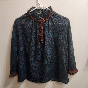 Warm Blue and Red Floral Blouse Size Small